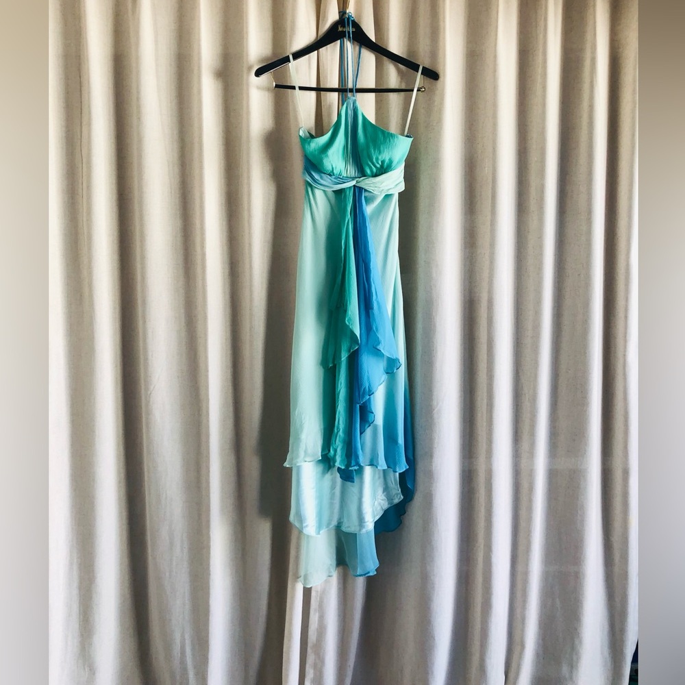 %100 Silk BCBG MaxAzria Teal to Aqua Ombre High-Low Halter Dress